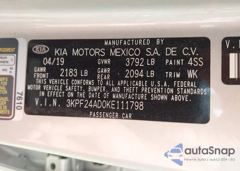 2019 Kia Forte Lxs из США, поврежденный, VIN 3KPF24AD0KE111798